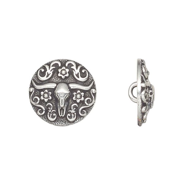 Button, TierraCast&reg;, antique silver-plated pewter (tin-based alloy), 16mm round with longhorn design. Sold per pkg of 20. image number 0