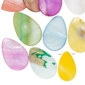 Mother-of-pearl shell 1pkg10, top- and center-drilled flat teardrop bead mix multicolored, 25x15mm-32x21mm