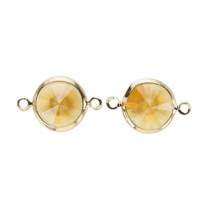 Link, Vintage Crystal&trade;, crystal and  gold-plated brass, topaz, 12mm rivoli. Sold per pkg of 2.