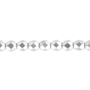 Bead, Czech fire-polished glass, opaque satin silver, 6mm faceted round. Sold per 15-1/2" to 16" strand, approximately 65 beads.