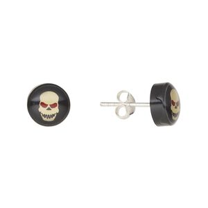 Earstud, Everyday Jewelry, sterling silver and acrylic, black / red / light yellow, 9mm round with skull. Sold per pair.