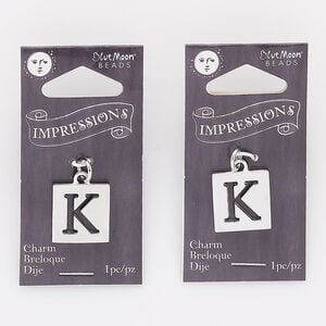 Drop, silver-finished "pewter" (zinc-based alloy) and steel, 16x15mm square with cutout alphabet letter "K." Sold per pkg of 2.