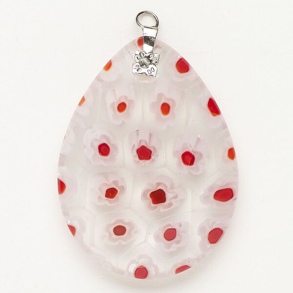 Focal 1pkg1 silver-finished steel and millefiori glass, translucent and transparent clear / white / red, 39x30mm-40x30mm puffed teardrop. image number 0