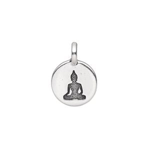 Drop, TierraCast&reg;, antique silver-plated pewter (tin-based alloy), 11.5mm single-sided round with Buddha. Sold per pkg of 2.