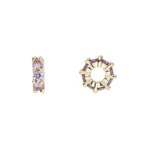 Bead 1pkg2 gold-plated, 10.5x3.5mm rondelle, brass / amethyst cubic zirconia