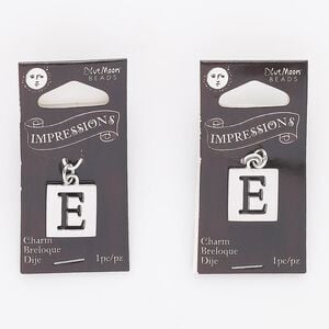 Drop, steel and silver-finished "pewter" (zinc-based alloy), 16x15mm square with cutout alphabet letter "E." Sold per pkg of 2.