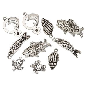 Bead & charm mix 1pkg10 silver-plated "pewter", 18x16mm-34x20mm sea life / single-sided / 2sided, antique