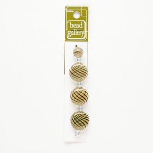Bead 1pkg4 handblown glass, 12mm round / 20-22mm puffed flat round / line design, assortment translucent brown / clear / yellow