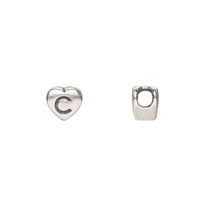 Bead 1pkg1 sterling silver, 7.5x7mm heart / letter C, antiqued Dione&reg;