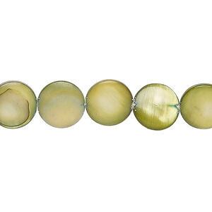 Mother-of-pearl shell 1pkg1, puffed flat round bead 15 inch dark yellow-green 9-11mm
