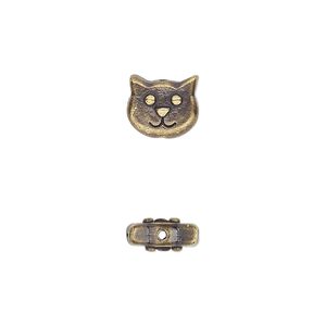 Bead, TierraCast&reg;, antique brass-plated pewter (tin-based alloy), 10x8.5mm double-sided cat face. Sold per pkg of 2.