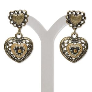 Earring, enamel / glass rhinestone / antique brass-finished steel / "pewter" (zinc-based alloy), blue and orange, 1-3/4 inches with double heart and post. Sold per pair.
