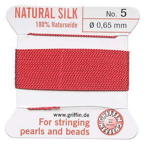 Thread, Griffin, silk, red, size #5. Sold per 2-meter card (approximately 78 inches).