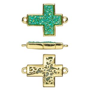 Link, Druzylite&trade;, "druzy" (resin) and gold-finished brass, green, 18x16mm two-sided cross with open filigree back. Sold per pkg of 4.
