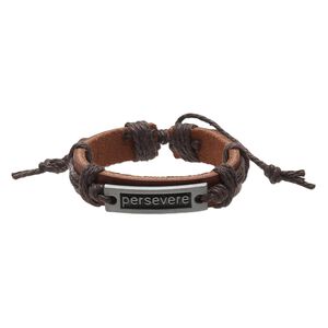 Bracelet, leather (dyed) / waxed cotton cord / antiqued "pewter" (zinc-based alloy), brown, 12mm wide with 35x10mm rectangle with "persevere," adjustable from 5-1/2 to 7-1/2 inches with knot closure. Sold per pkg of 2.