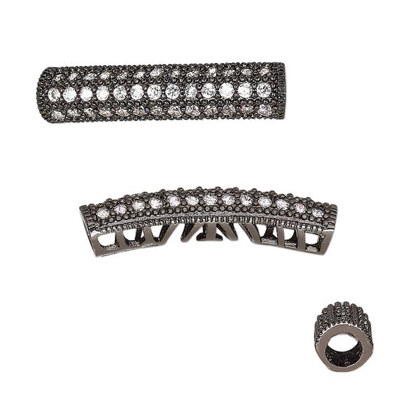 Bead 1pkg1 black-finished, 27x7.5mm textured curved tube / cutout, brass / clear cubic zirconia image number 0