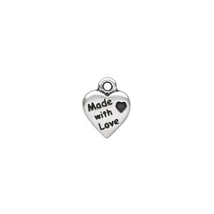 Charm, TierraCast&reg;, antique silver-plated pewter (tin-based alloy), 10mm double-sided heart with "Made with Love." Sold per pkg of 20.