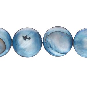 Mother-of-pearl shell 1pkg1, flat round bead 15 inch light ocean blue 15mm