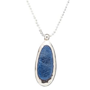 Necklace, resin and silver-finished brass, blue, 50x20mm oval, 22 inches with 2-inch extender chain and lobster claw clasp. Sold individually.