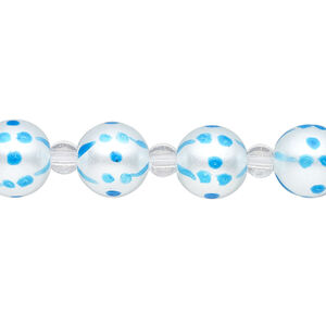 Bead, glass 1pkg8, opaque turquoise blue and white, 10mm hand-painted round.