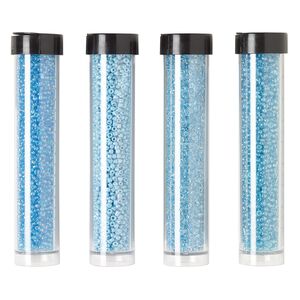 Seed bead assortment, Ming Tree&trade;, glass, pkg/(4) 4 x 3/4 inch vials, #11 round, opaque and transparent rainbow luster teal, sky blue and turquoise blue.