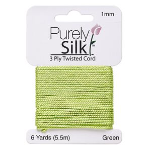 Cord, Purely Silk&trade;, 3-ply, green, 1mm twisted. Sold per 6-yard card.