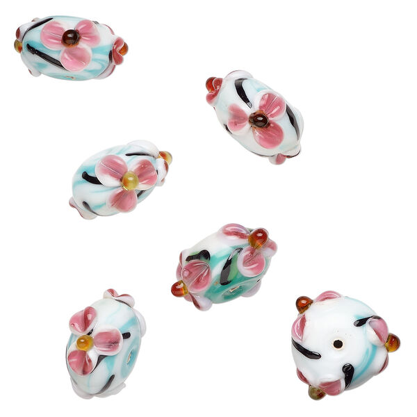 Bead, lampworked glass 1pkg6, multicolored, 20x12mm, flower rondelle. image number 0