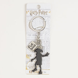 Keychain, silver-finished brass and steel / enamel, black, 4-1/4 inches with 52x39mm Dobby&trade; / socks / Free Dobby and split ring.