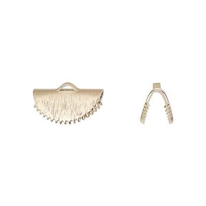 Ribbon crimp end, gold-finished brass, 15x7mm brushed fan. Sold per pkg of 10.