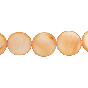 Mother-of-pearl shell 1pkg1, puffed flat round bead 15 inch light red-orange 12-13mm