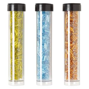 Bugle bead mix, Ming Tree&trade;, glass, transparent and translucent light amber yellow / dark orange / aqua, 1/4 inch. Sold per pkg of (3) 4 x 3/4 inch vials, approximately 2,000 beads.