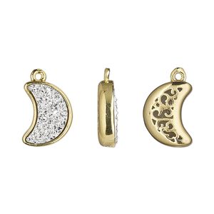 Drop, Druzylite&trade;, "druzy" (resin) and gold-finished brass, silver, 14x10mm two-sided moon with open filigree back. Sold per pkg of 4.