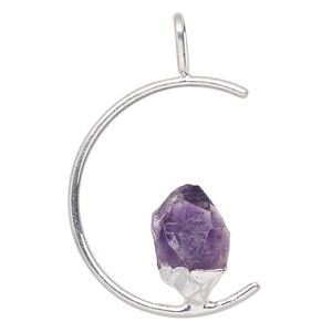 Pendant, Everyday Jewelry, silver-plated brass and amethyst (natural), 45x23mm-47x25mm open half round. Sold individually.