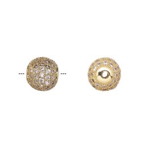 Bead 1pkg1 gold-finished, 9.5mm textured round, brass / clear cubic zirconia