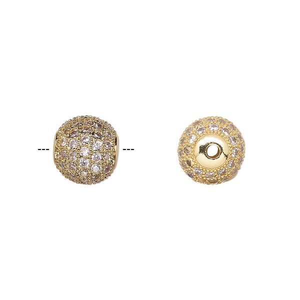 Bead 1pkg1 gold-finished, 9.5mm textured round, brass / clear cubic zirconia image number 0