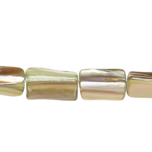 Mother-of-pearl shell 1pkg1, stick bead 14 inch pale green / tan 13x5mm-16x9mm