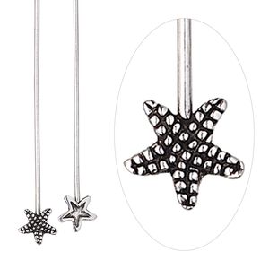 Head pin 1pkg2 sterling silver, 2 inch / 6mm starfish, 20 gauge antiqued