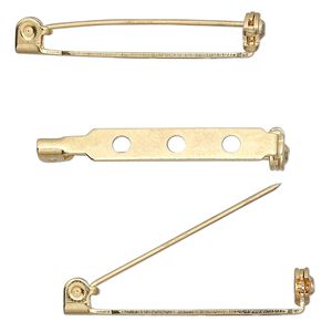 Pin back 1pkg10 gold-plated, 1.25 inch / locking bar, steel