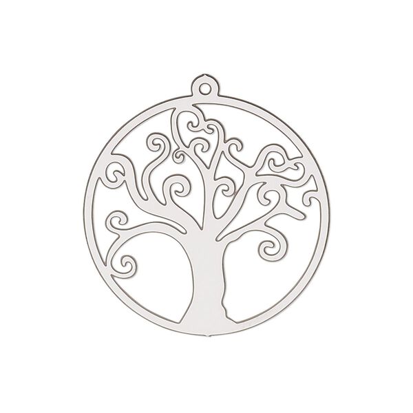 Drop, Lazer Lace&trade;, stainless steel, 26mm double-sided open round with tree of life. Sold per pkg of 4. image number 0