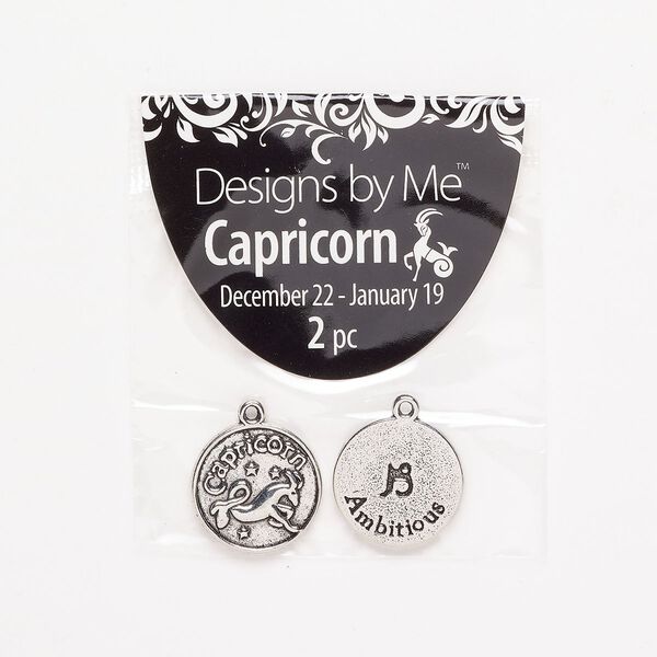 "Pewter" (zinc-based alloy) / enamel 1pkg2, 2-sided round charm / Capricorn / "Ambitious" antique silver-finish / black 17mm image number 0