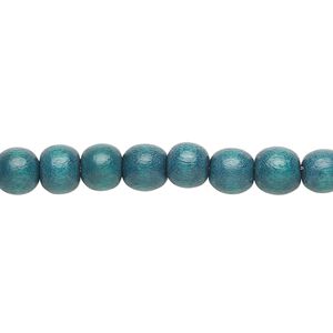 Bead 1pkg1, Taiwanese cheesewood (dyed / waxed), teal, 5-6mm round, 15-1/2 to 16 inches.