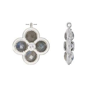 Drop, labradorite (natural) / cubic zirconia / sterling silver, clear, 19mm double-sided faceted flower. Sold individually.
