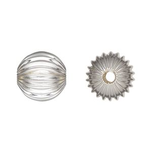 Bead 1pkg6 silver-plated, 14mm corrugated round, brass