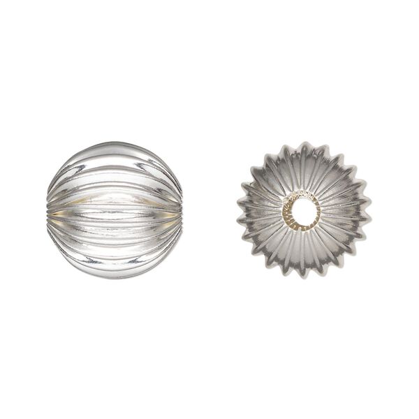 Bead 1pkg6 silver-plated, 14mm corrugated round, brass image number 0
