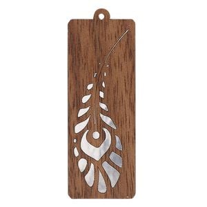Focal, black walnut (natural) and aluminum foil, 43x16mm single-sided laser-cut rectangle with feather. Sold individually.