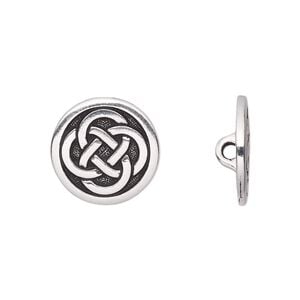Button, TierraCast&reg;, antique silver-plated pewter (tin-based alloy), 16mm flat round with Celtic knot and closed loop. Sold per pkg of 2.