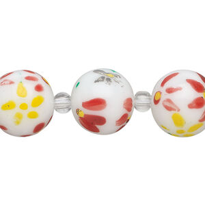 Bead, glass 1pkg8, multicolored, 14mm round with hand-painted flower.