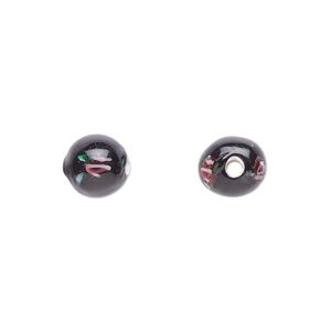 Bead, Czech lampworked glass, opaque black / pink / green, 6-7mm round with flower design. Sold per pkg of 10.