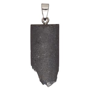 Hemalyke&trade; / "pewter" (zinc-based alloy) 1pkg1, silver-finished irregular flat-back rectangle pendant 34x16mm