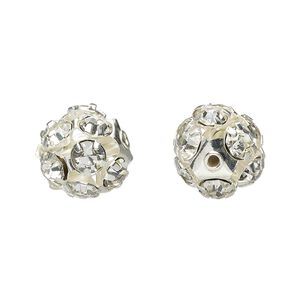 Bead 1pkg6 imitation rhodium-plated, 12mm round, brass / Egyptian glass rhinestone / clear